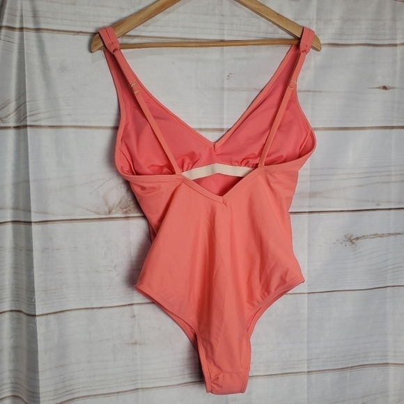 New Kona Sol Peach V-neck One Piece High Back Adjustable Straps Swimsuit Medium - Picture 5 of 11